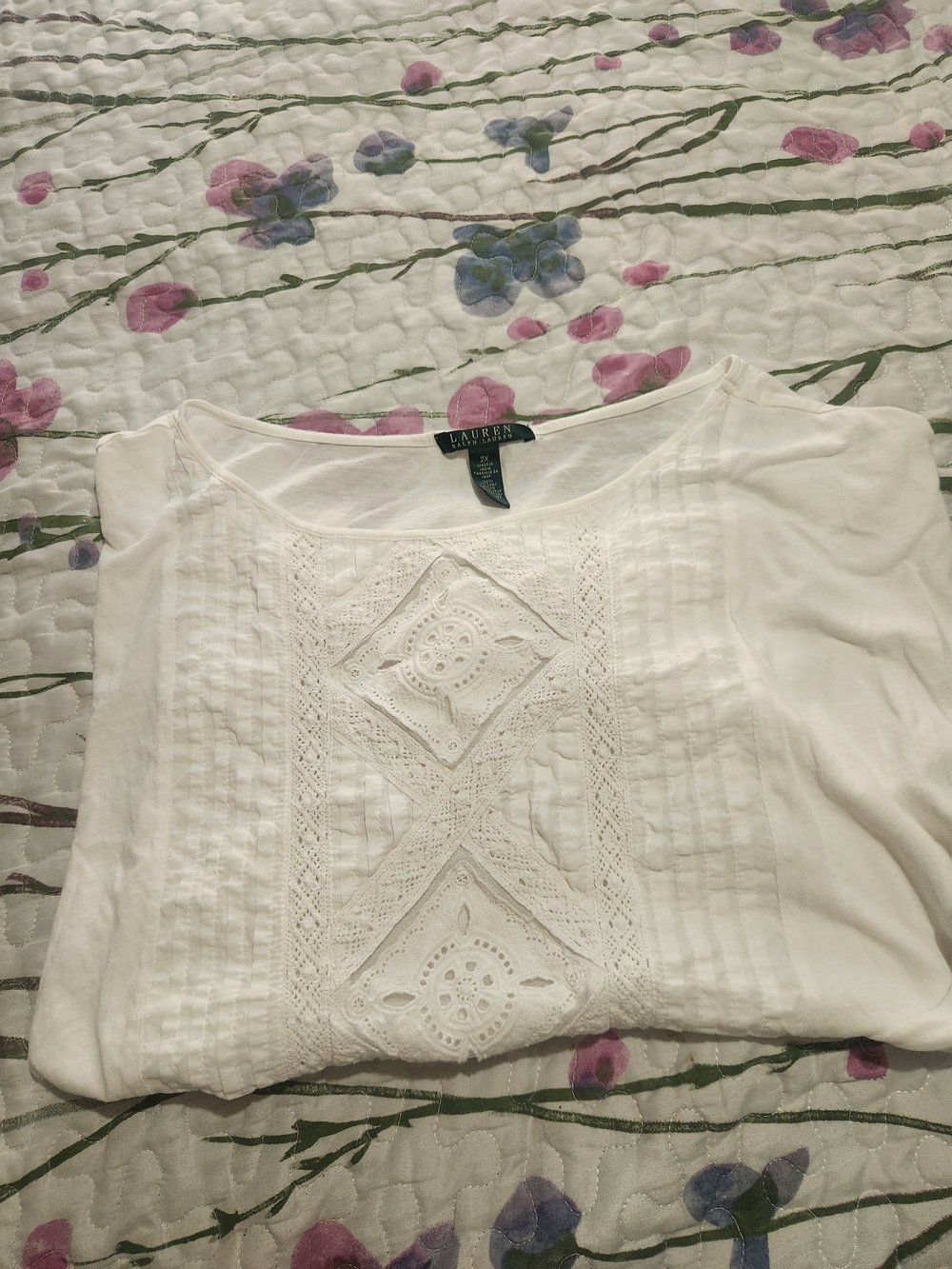 Lauren Ralph Lauren White Crochet-Trim Scoop Neck Women's Top - Picture 7 of 7